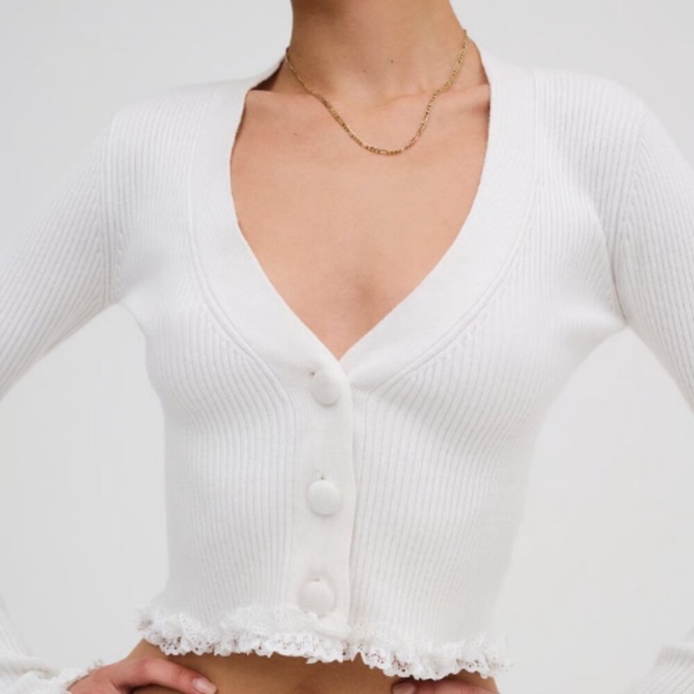 For Love And Lemons White Ribbed V-Neck Buttoned Cardigan